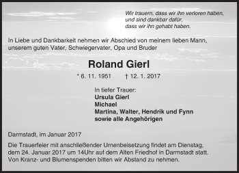 Traueranzeige von Roland Gierl von Trauerportal Echo Online