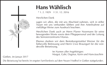 Traueranzeige von Hans Wählisch von  Gießener Anzeiger