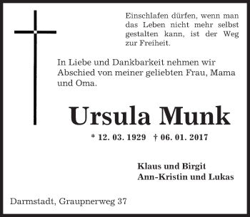 Traueranzeige von Ursula Munk von Trauerportal Echo Online