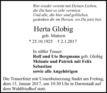Traueranzeige von Herta Globig von Trauerportal Echo Online