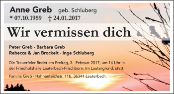 Traueranzeige von Anne Greb von VRM Trauer