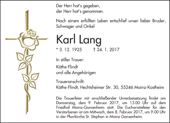 Traueranzeige von Karl Lang von Trauerportal Rhein Main Presse