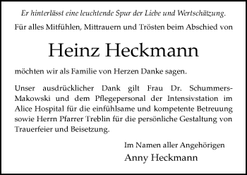 Traueranzeige von Heinz Heckmann von Trauerportal Echo Online
