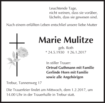 Traueranzeige von Marie Mulitze von Trauerportal Echo Online