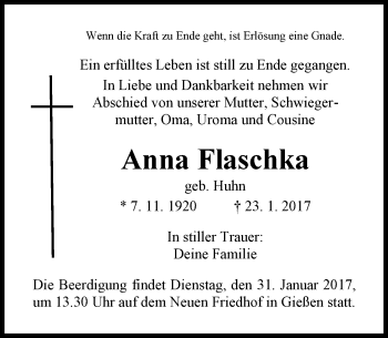 Traueranzeige von Anna Flaschka von  Gießener Anzeiger