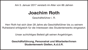 Traueranzeige von Joachim Roth von  Gießener Anzeiger