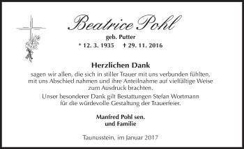 Traueranzeige von Beatrice Pohl von Trauerportal Rhein Main Presse