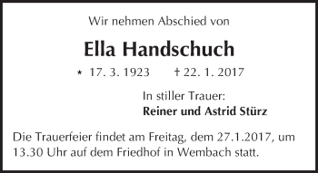 Traueranzeige von Ella Handschuch von Trauerportal Echo Online