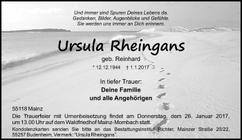 Traueranzeige von Ursula Rheingans von Trauerportal Rhein Main Presse