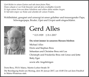 Traueranzeige von Gerd Alles von Trauerportal Rhein Main Presse