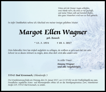 Traueranzeige von Margot Ellen Wagner von Trauerportal Rhein Main Presse