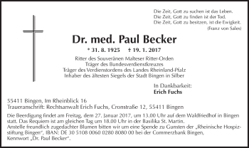 Traueranzeige von Paul Becker von Trauerportal Rhein Main Presse