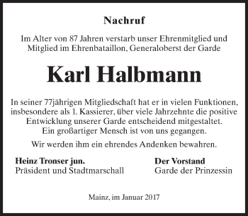 Traueranzeige von Karl Halbmann von Trauerportal Rhein Main Presse