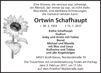 Traueranzeige von Ortwin Schafhaupt von Trauerportal Echo Online