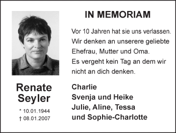 Traueranzeige von Renate Seyler von Trauerportal Rhein Main Presse