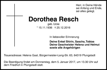 Traueranzeige von Dorothea Resch von Trauerportal Echo Online