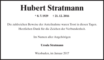 Traueranzeige von Hubert Stratmann von Trauerportal Rhein Main Presse