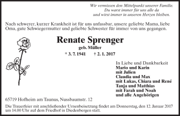 Traueranzeige von Renate Sprenger von Trauerportal Rhein Main Presse