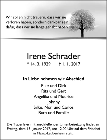 Traueranzeige von Irene Schrader von Trauerportal Rhein Main Presse