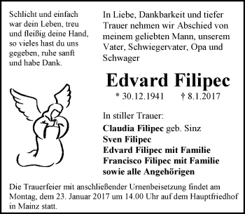 Traueranzeige von Edvard Filipec von Trauerportal Rhein Main Presse