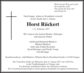 Traueranzeige von Horst Rückert von  Usinger Anzeiger