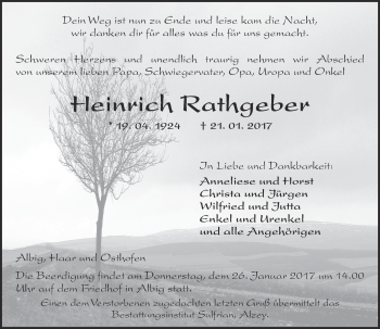 Traueranzeige von Heinrich Rathgeber von Trauerportal Rhein Main Presse
