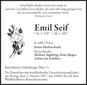 Traueranzeige von Emil Seif von Trauerportal Rhein Main Presse