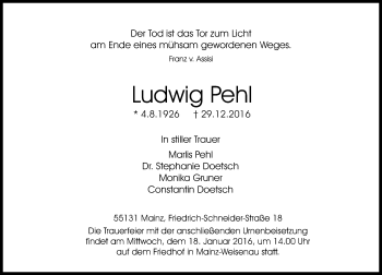 Traueranzeige von Ludwig Pehl von Trauerportal Rhein Main Presse