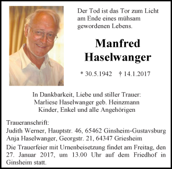 Traueranzeige von Manfred Haselwanger von Trauerportal Echo Online