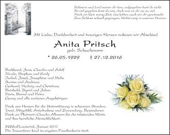 Traueranzeige von Anita Pritsch von Trauerportal Echo Online