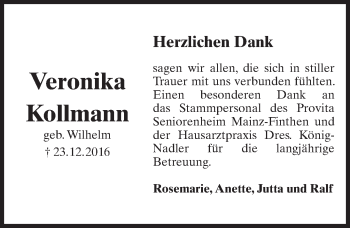 Traueranzeige von Veronika Kollmann von Trauerportal Rhein Main Presse
