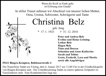 Traueranzeige von Christina Belz von Trauerportal Rhein Main Presse