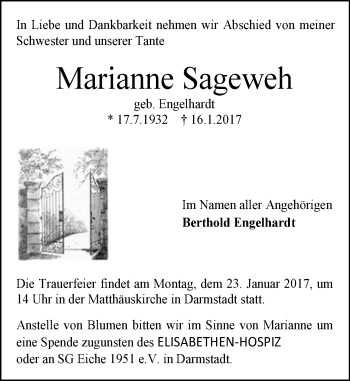 Traueranzeige von Marianne Sageweh von Trauerportal Echo Online