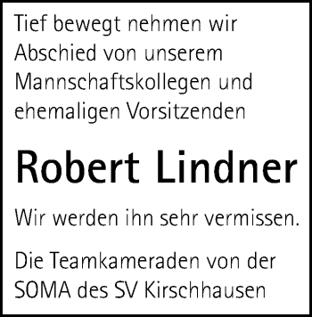 Traueranzeige von Robert Lindner von Trauerportal Echo Online
