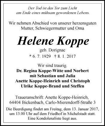 Traueranzeige von Helene Koppe von Trauerportal Echo Online