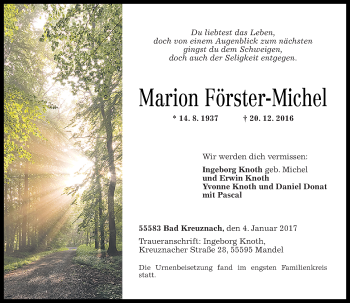 Traueranzeige von Marion Förster-Michel von Trauerportal Rhein Main Presse