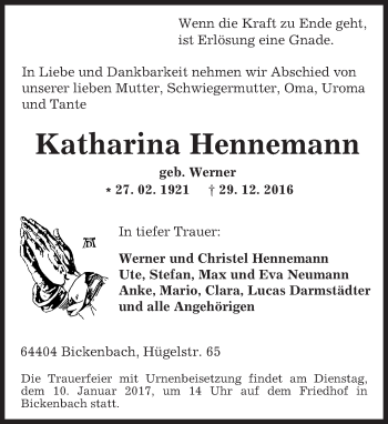 Traueranzeige von Katharina Hennemann von Trauerportal Echo Online