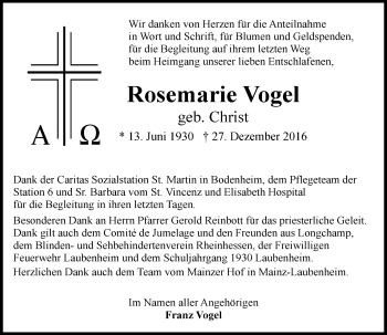 Traueranzeige von Rosemarie Vogel von Trauerportal Rhein Main Presse