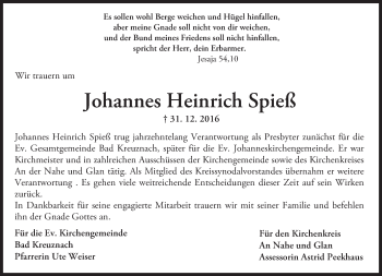 Traueranzeige von Johannes Heinrich Spieß von Trauerportal Rhein Main Presse