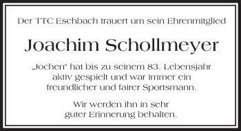 Traueranzeige von Joachim Schollmeyer von  Usinger Anzeiger