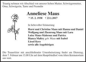 Traueranzeige von Anneliese Maus von Trauerportal Rhein Main Presse