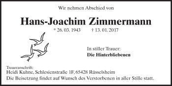 Traueranzeige von Hans-Joachim Zimmermann von Trauerportal Rhein Main Presse