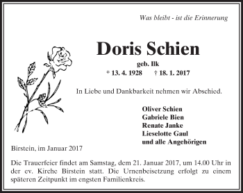 Traueranzeige von Doris Schien von  Gelnhäuser Tageblatt