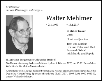 Traueranzeige von Walter Mehlmer von Trauerportal Rhein Main Presse