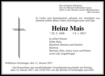 Traueranzeige von Heinz Mais von  Gießener Anzeiger