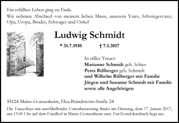 Traueranzeige von Ludwig Schmidt von Trauerportal Rhein Main Presse