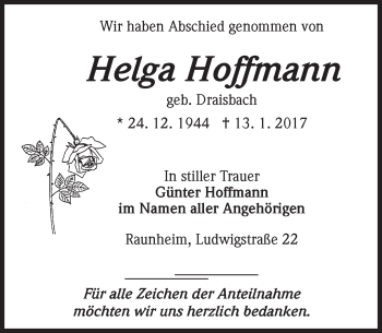 Traueranzeige von Helga Hoffmann von Trauerportal Rhein Main Presse