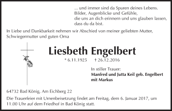 Traueranzeige von Liesbeth Engelbert von Trauerportal Echo Online