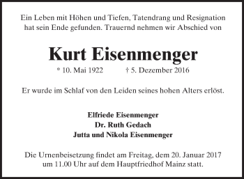 Traueranzeige von Kurt Eisenmenger von Trauerportal Rhein Main Presse