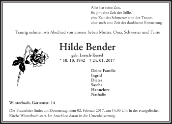 Traueranzeige von Hilde Bender von Trauerportal Rhein Main Presse